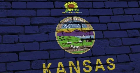 A brick wall with the kansas state flag of the United States of America Видео 337429325
