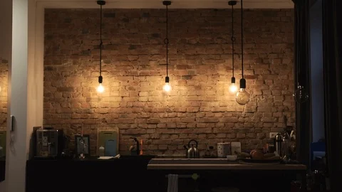 Brick wall in the kitchen and retro loft style Stock Footage 108789380
