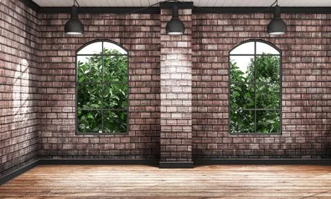 Brick wall lamp loft interior decoration empty room. 3D rendering Ilustración de archivo