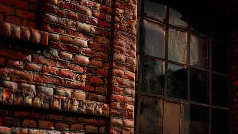 Brick wall with a large window during late afternoon light Stock Footage 340978381