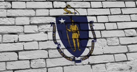 A brick wall with the massachusetts state flag of the United States of America Stockbeeldmateriaal 337429775