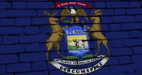 A brick wall with the michigan state flag of the United States of America Video stock 337429793