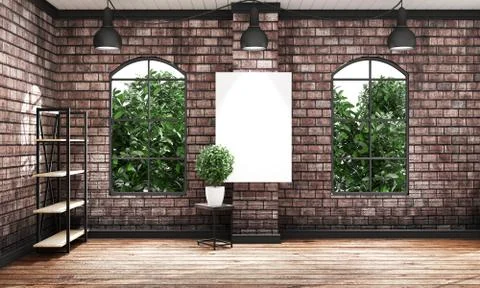 Brick wall modern room interior. 3D rendering Illustrazione stock