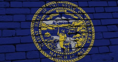 A brick wall with the nebraska state flag of the United States of America Stockbeeldmateriaal 337429895
