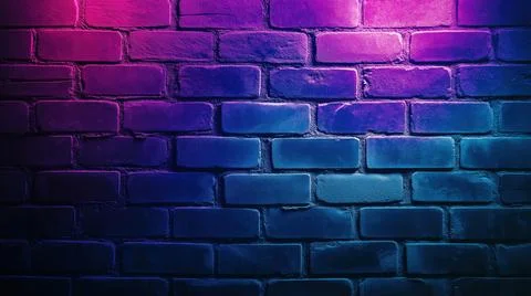 Brick wall with neon gradient lighting in purple and blue tones Stock Photos