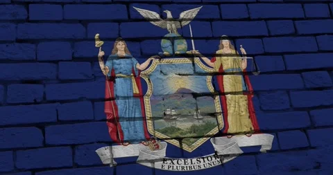 A brick wall with the new york state flag of the United States of America Video stock 337431094