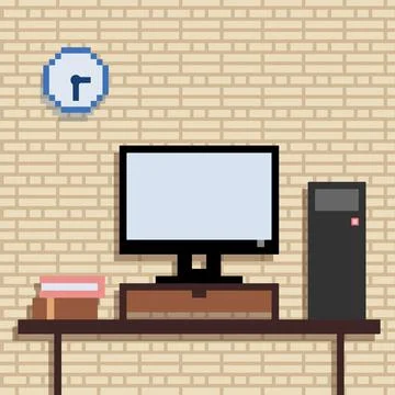 Brick wall Office Workspace. Computer on desk Illustrazione stock
