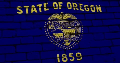 A brick wall with the oregon state flag of the United States of America Stock Footage 337431129