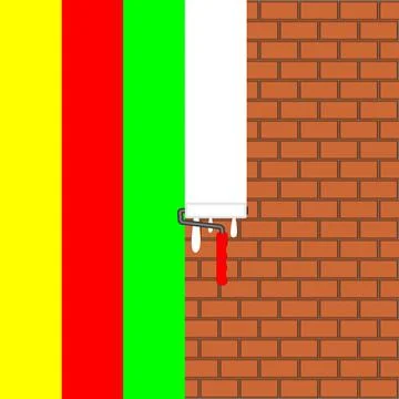 Brick wall is painted colored stripes. Paint roller with drops of paint.  Stock Illustration