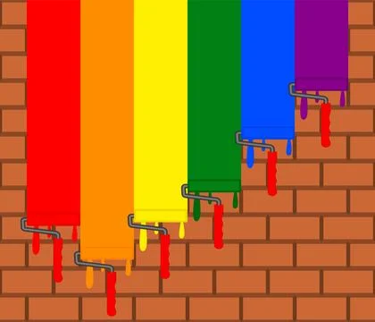 Brick wall is painted colored stripes. Paint rollers with drops of paint.  Stock Illustration