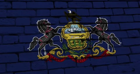 A brick wall with the Pennsylvania state flag of the United States of America Video stock 337431174