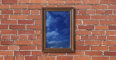 Brick wall with realistic frame with motion clouds. Cinematic. Video stock 73739020