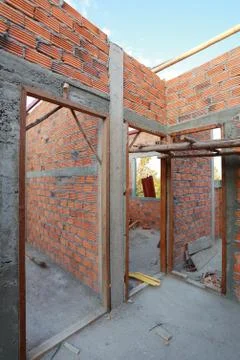 Brick wall in residential building construction site Foto stock