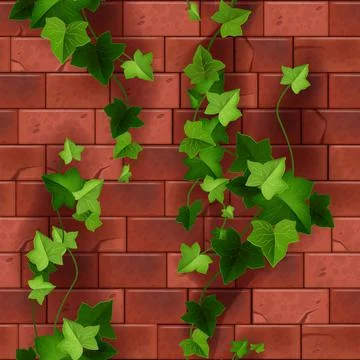 Brick wall seamless pattern, vector red stone building texture, green ivy イラスト素材