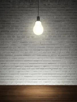 Brick wall, table and lightbulb Ilustración de archivo