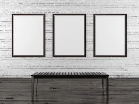 Brick wall with three empty frames and bench Illustrazione stock