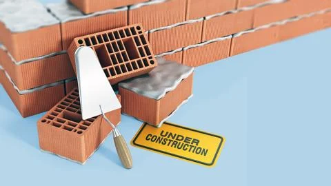 Brick wall under construction isolated on blue background. 3D illustration Stock Illustration