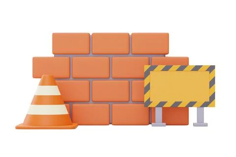 Brick wall with Under construction sign and traffic cone,Construction tools,H Stock Illustration