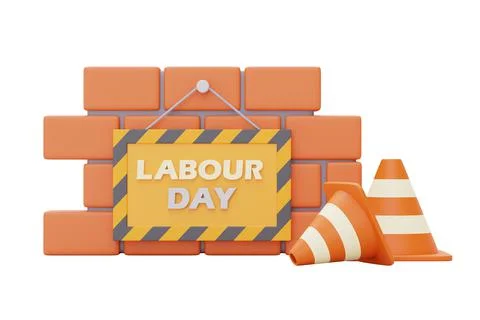 Brick wall with Under construction sign and traffic cone,Construction tools,H Stock Illustration