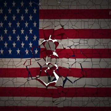 Brick wall with US flag breaking in ruins Stock Photos