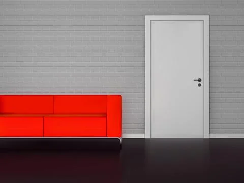 Brick wall with white door and red sofa Ilustración de archivo