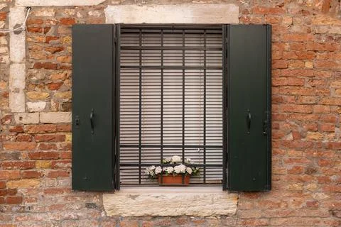 Brick Wall Window with Flower Box Fotos de archivo