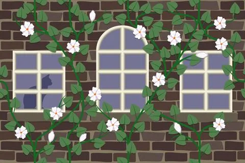 Brick wall with windows covered with plants Stock Illustration