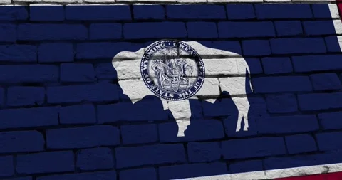 A brick wall with the wyoming state flag of the United States of America Video stock 337432798