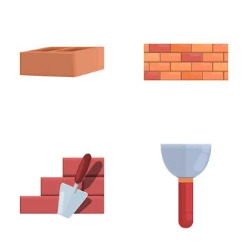 Brick work icons set cartoon vector. Brick wall and trowel Stock Illustration