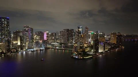 Brickell Key Drive Bridge at Night with Miami Skyline 写真素材