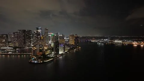 Brickell Key Drive Bridge at Night with Miami Skyline Stock Photos