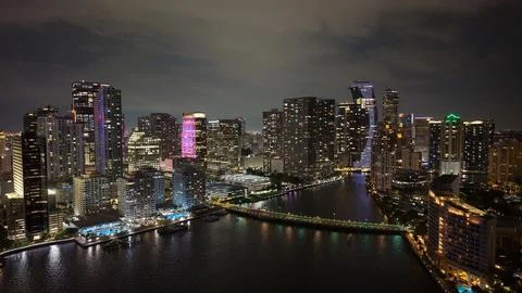 Brickell Key Drive Bridge at Night with Miami Skyline 写真素材