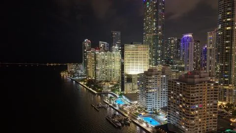Brickell Miami Night Drone View with Illuminated Skyscrapers Stock Photos
