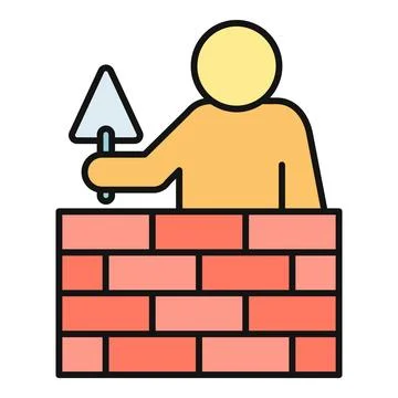 Bricklayer building a brick wall with trowel icon Stock Illustration