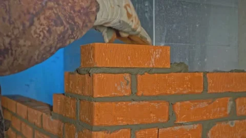 Bricklayer Building Wall Inside House Construction Process Closeup Видео 334563094