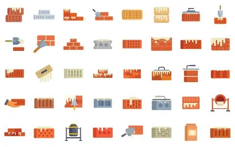Bricklayer building wall with trowel and mortar icons set vector Ilustración de archivo