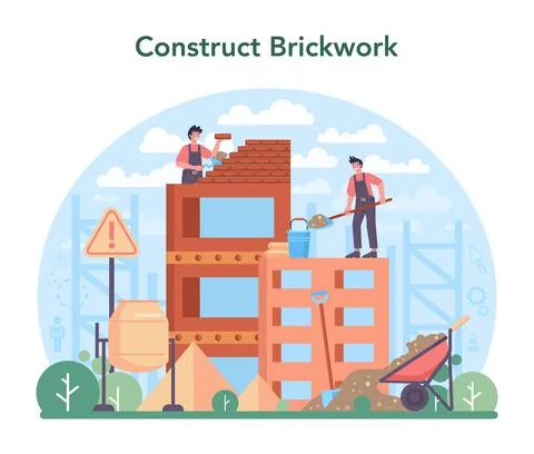 Bricklayer concept. Professional builder constructing a brick wall Stock Illustration