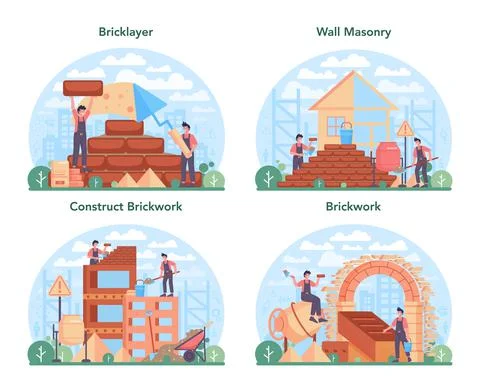 Bricklayer concept set. Professional builder constructing a brick wall Stock Illustration