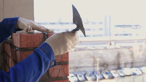 Bricklayer Hard at Work Ongoing Construction of a Residential Building Structure Stock Footage 305850189