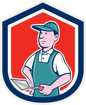Bricklayer mason plasterer shield cartoon Stock Illustration