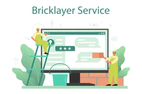 Bricklayer online service or platform. Professional builder constructing Stock Illustration