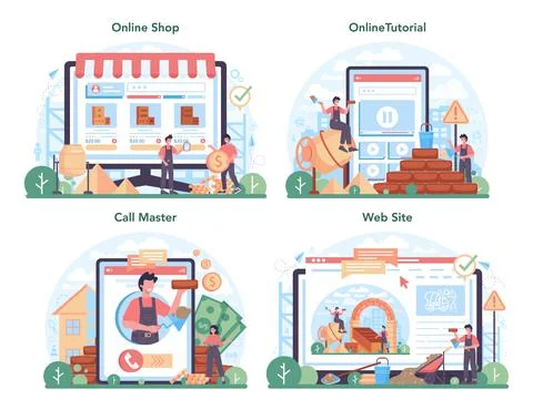 Bricklayer online service or platform set. Professional builder constructing Stock Illustration
