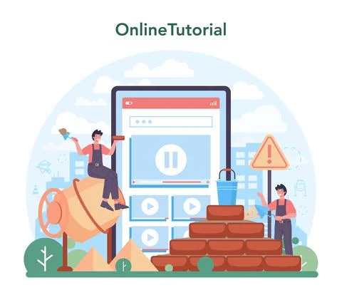 Bricklayer online service or platform. Professional builder constructing Stock Illustration