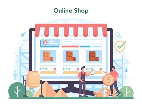 Bricklayer online service or platform. Professional builder constructing Stock Illustration