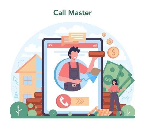 Bricklayer online service or platform. Professional builder constructing Stock Illustration