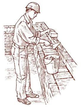 Bricklayer or Man builder on the roof of the house. Worker Engineer in the Stock Illustration