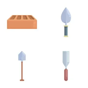 Bricklayer tool icons set cartoon vector. Various trowel and brick Stock Illustration