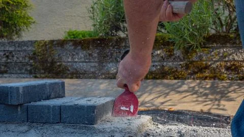 Bricklayer tools man working on construction site Stock Photos