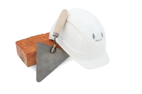 Bricklayer tools. Mason tools - Trowel, bricks and helmet on white background Stock Photos