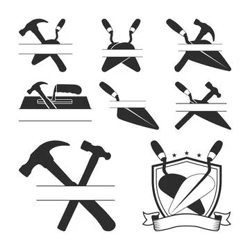 Bricklayer trowel set Silhouette, Putty Knife SVG Clipart, Masonry Hammer Stock-Illustration
